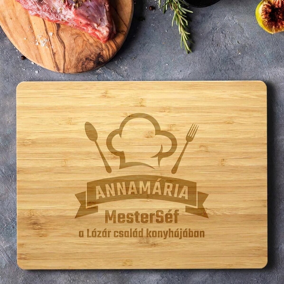 Személyre szabott, téglalap alakú bambusz vágódeszka felirattal – MasterChef