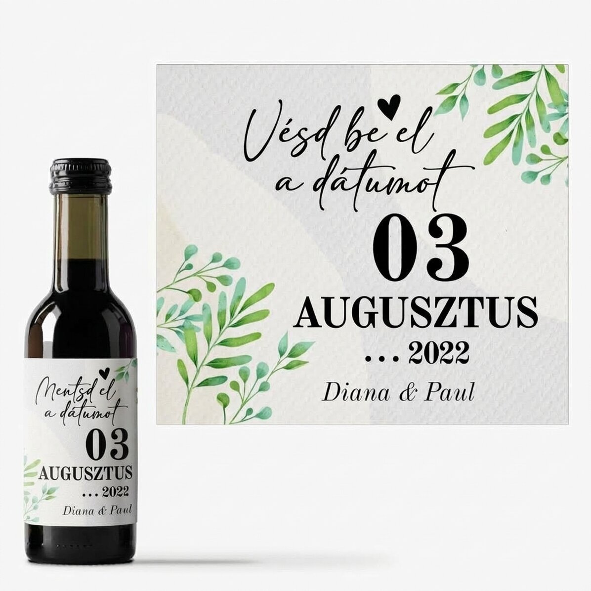 Mini borosüveg, szöveggel személyre szabva – Save the date