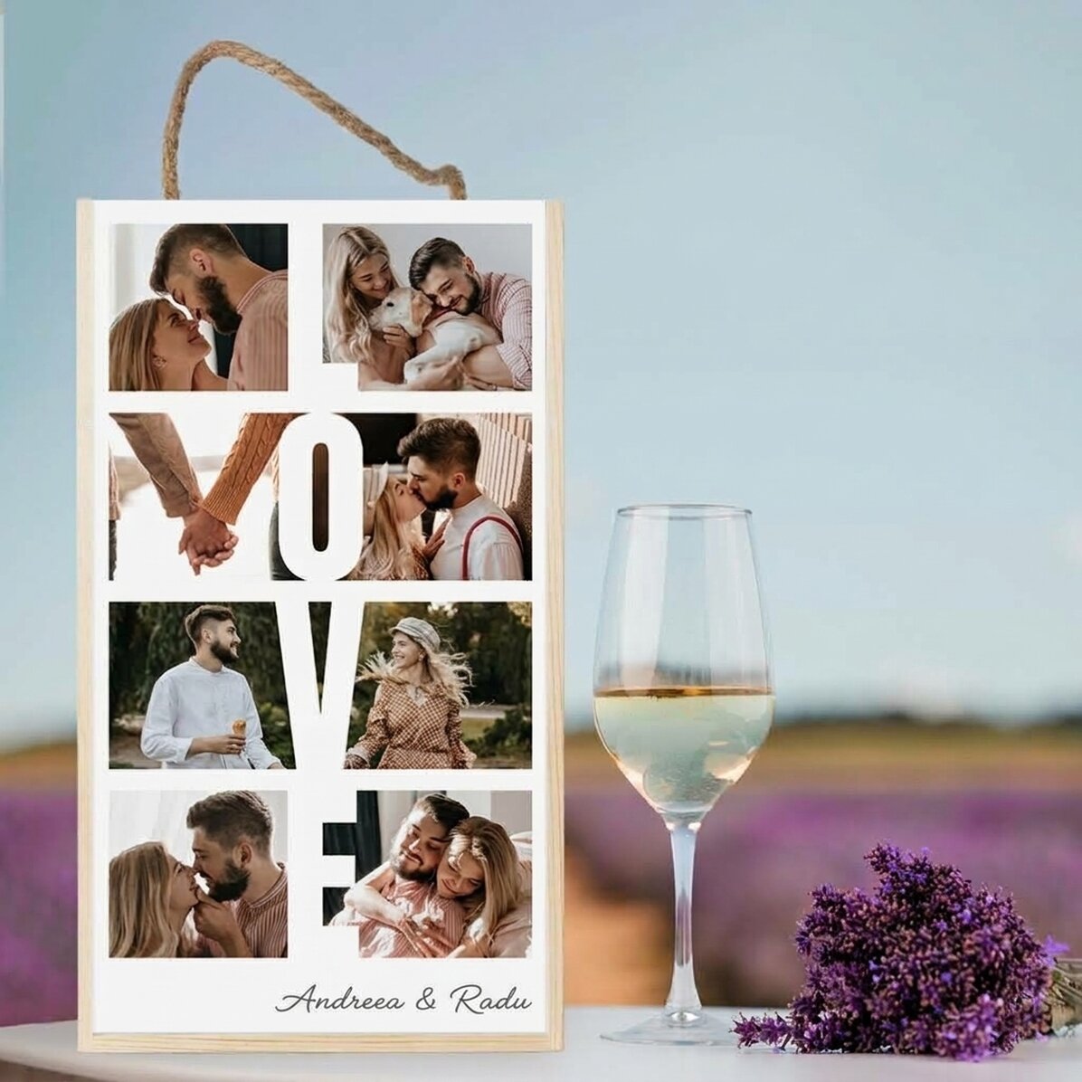 2 palackos borosdoboz, 8 fotóval és üzenettel személyre szabva – LOVE