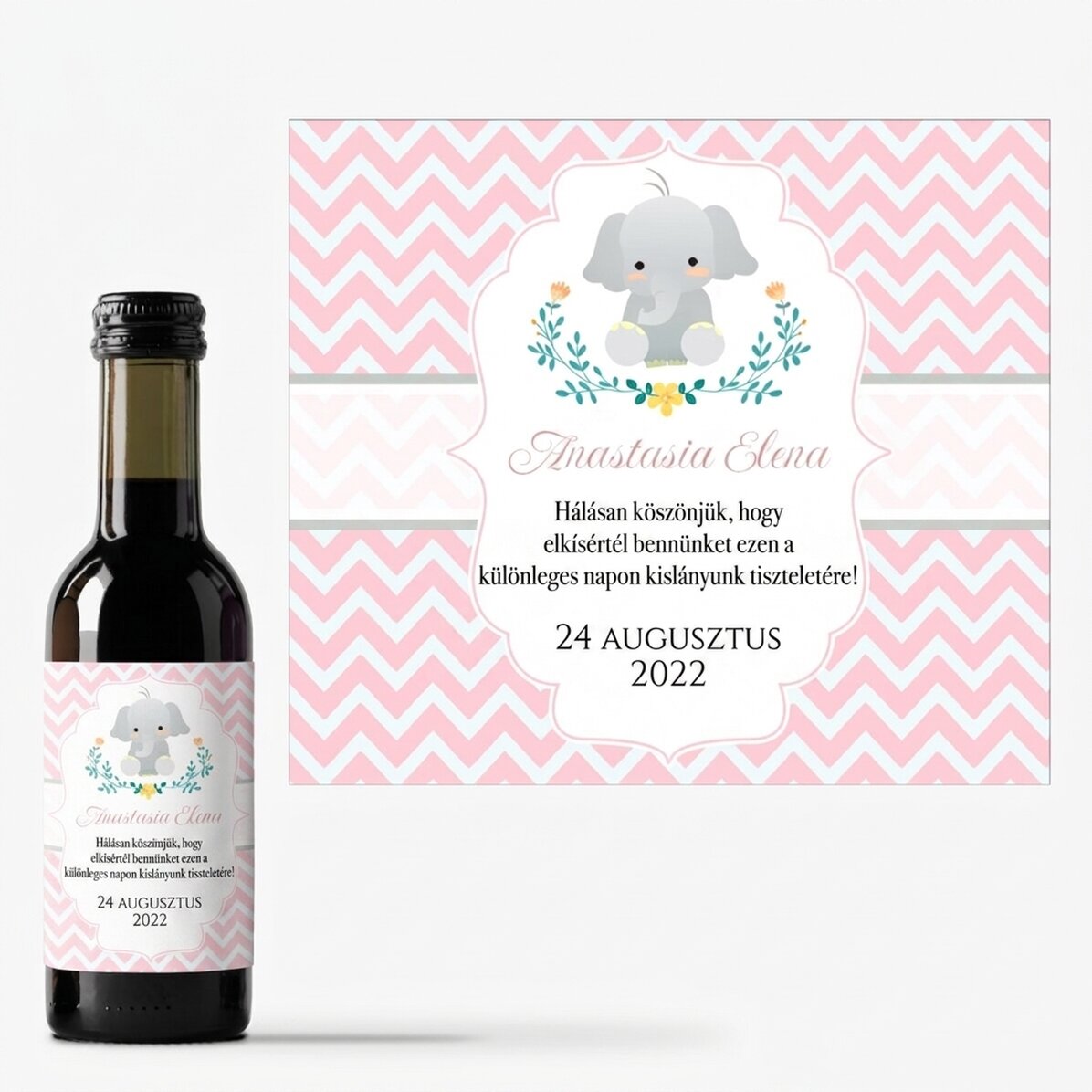Mini borosüveg keresztelőre, személyre szabott szöveggel - Elephant
