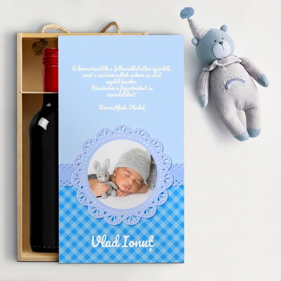 2 palackos borosdoboz, keresztapáknak szóló szöveggel személyre szabva – Fiú