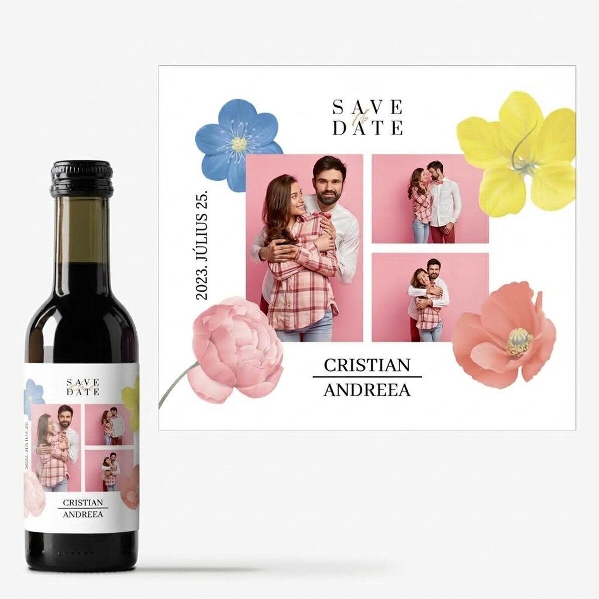 3 fotóval és szöveggel személyre szabott mini borosüveg – Save the date