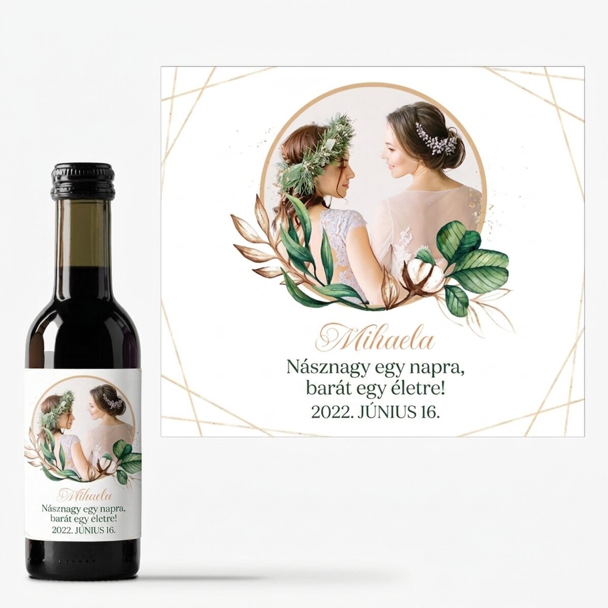 Fotóval és szöveggel személyre szabott mini borosüveg a koszorúslánynak