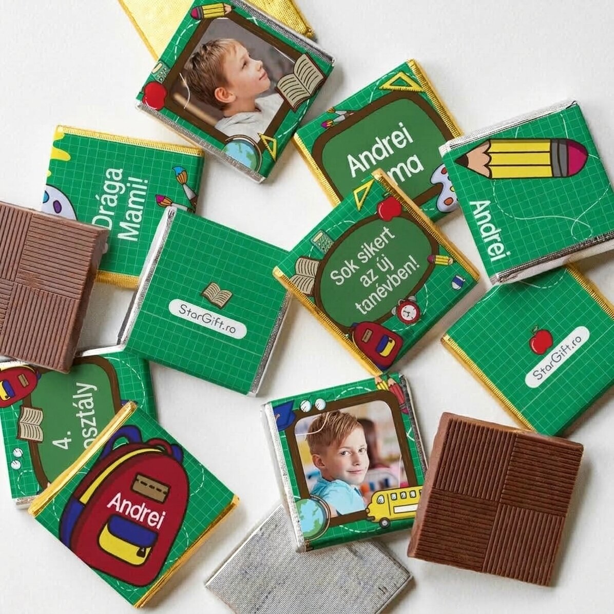 10 darabos mini csokoládé szett, fotókkal és szöveggel személyre szabva az új tanév kezdetéhez