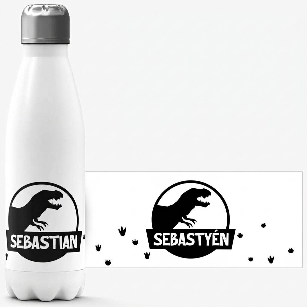 Fehér talppal ellátott, névvel személyre szabott termosz - Fekete T-Rex dinoszaurusz