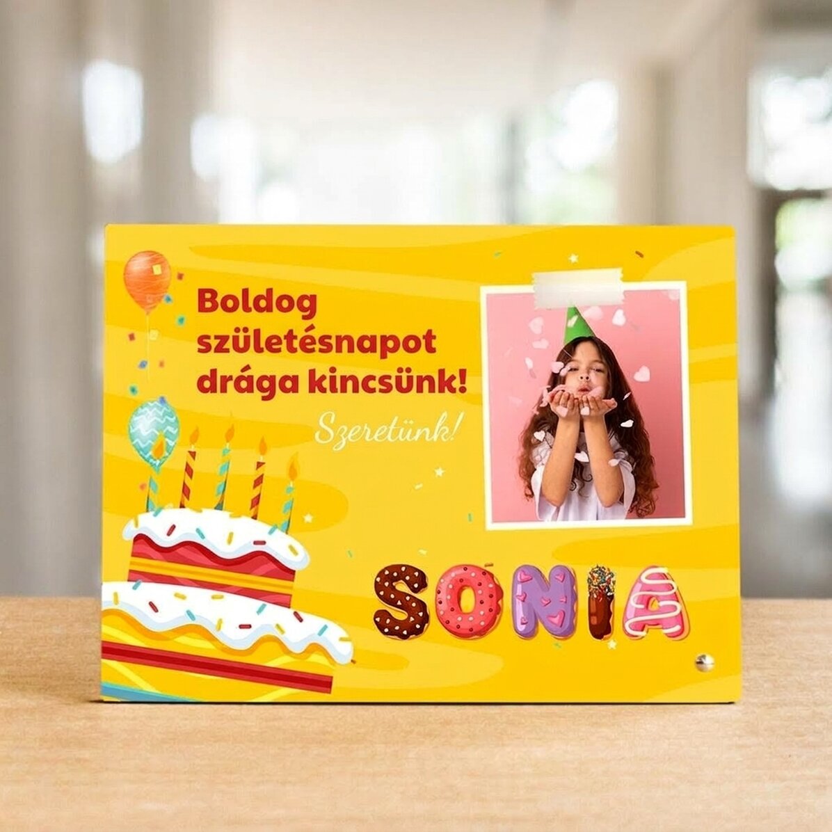 Személyre szabott asztali képkeret fotóval, szöveggel és különleges névvel - Születésnap