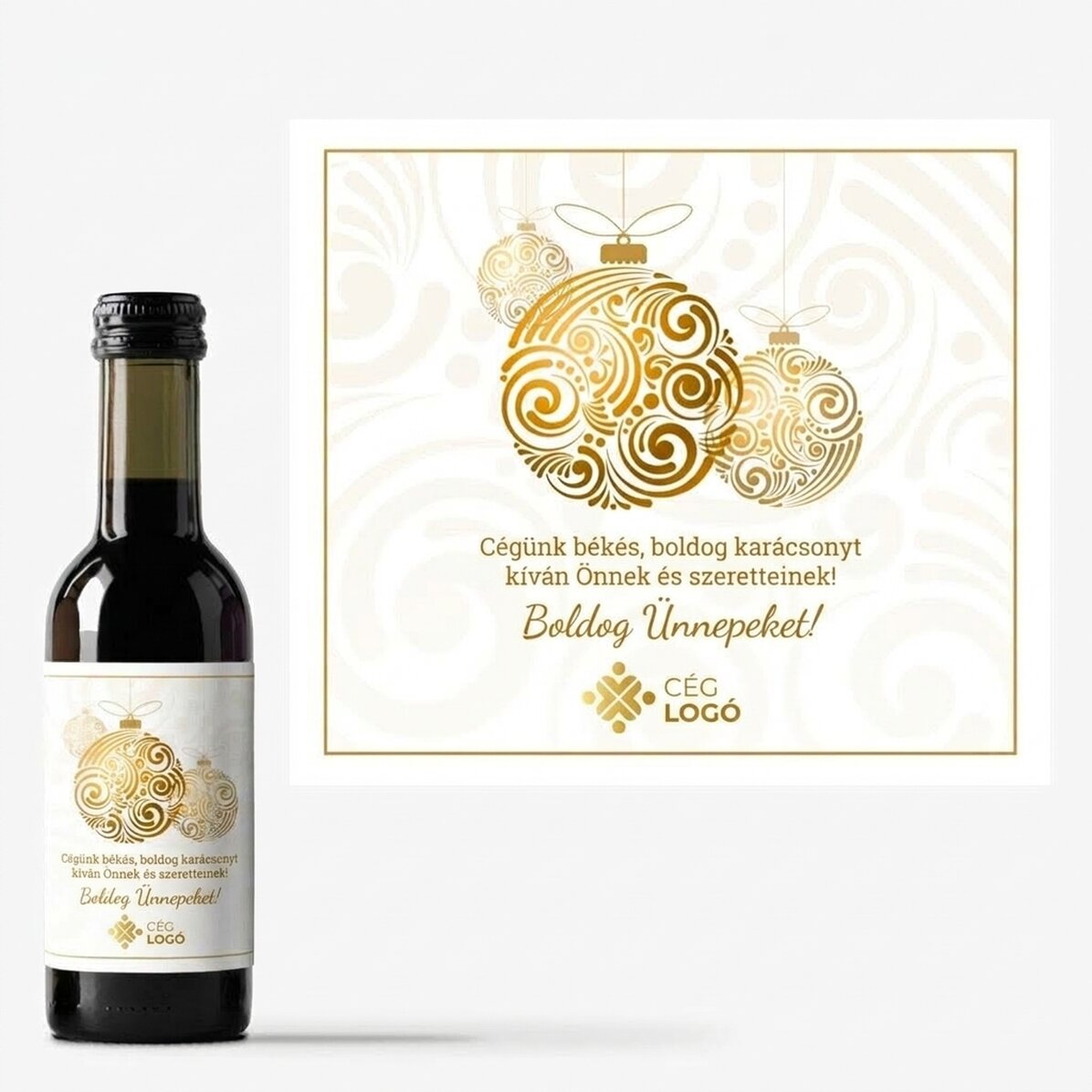 Mini borosüveg logóval és üzenettel személyre szabva - Arany karácsonyi díszek