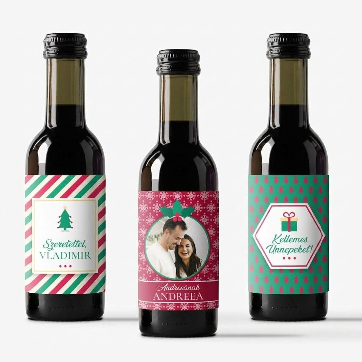 3 darabos mini borosüveg szett, fotóval és szöveggel személyre szabva – Boldog karácsonyt!