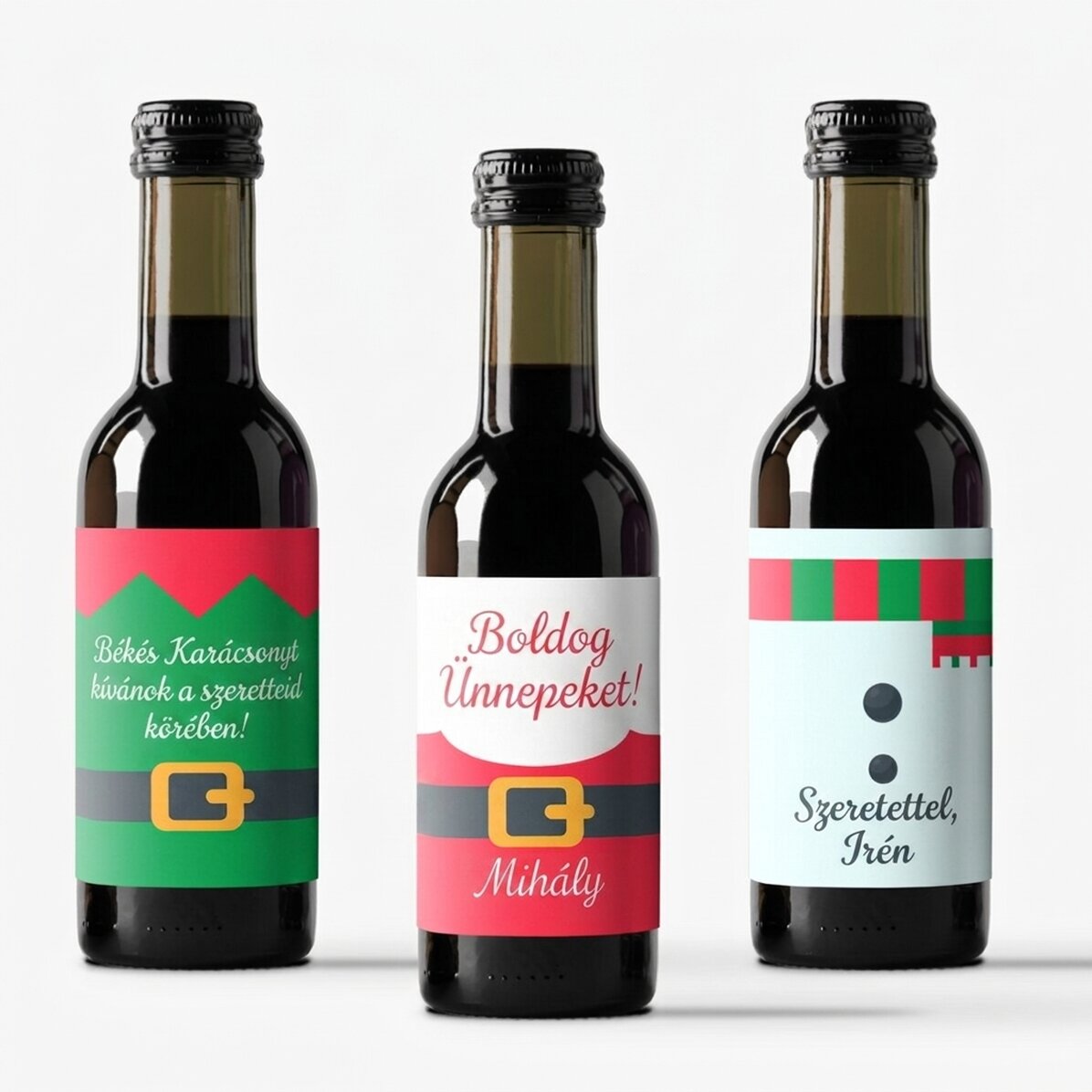 3 darabos személyre szabott mini borosüveg-készlet – karácsonyi figurák