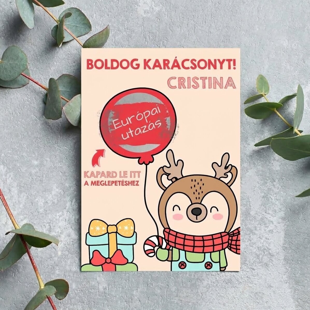 Személyre szabott karácsonyi kaparós sorsjegy – Rénszarvas léggömbbel