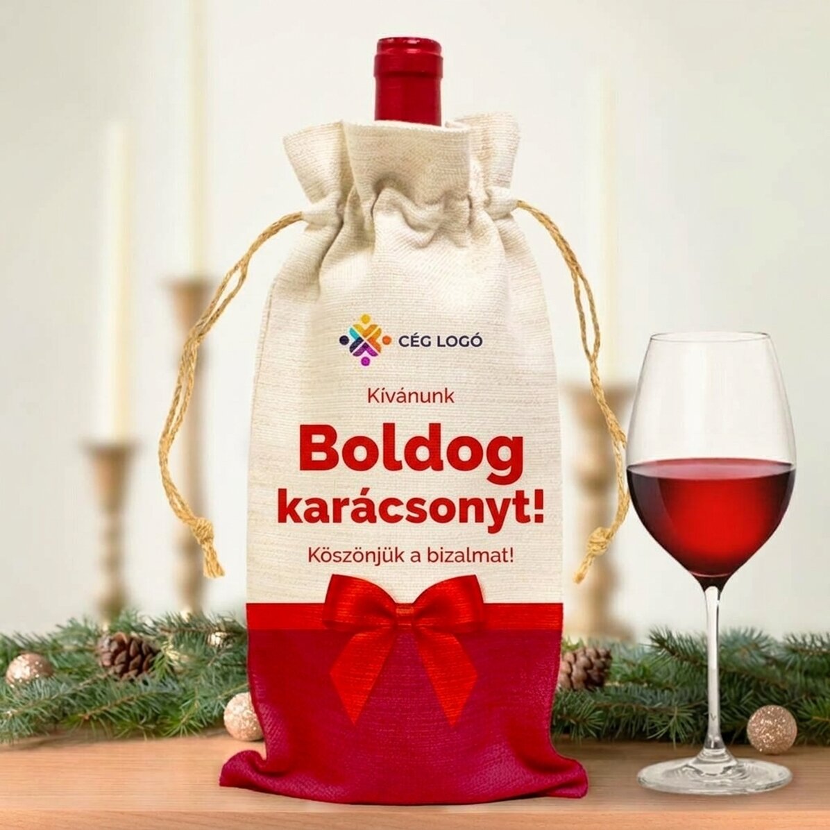 Személyre szabott borosüveg-táska logóval és prémium üzenettel karácsonyra