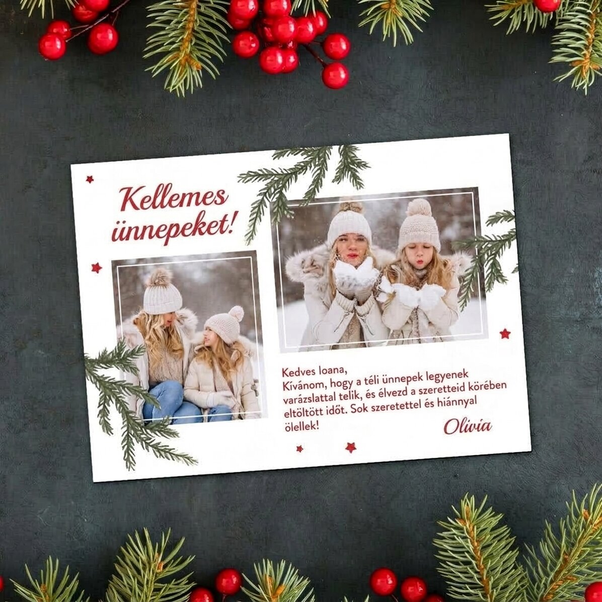 Személyre szabott mágneskártya 2 fotóval és karácsonyi üzenettel