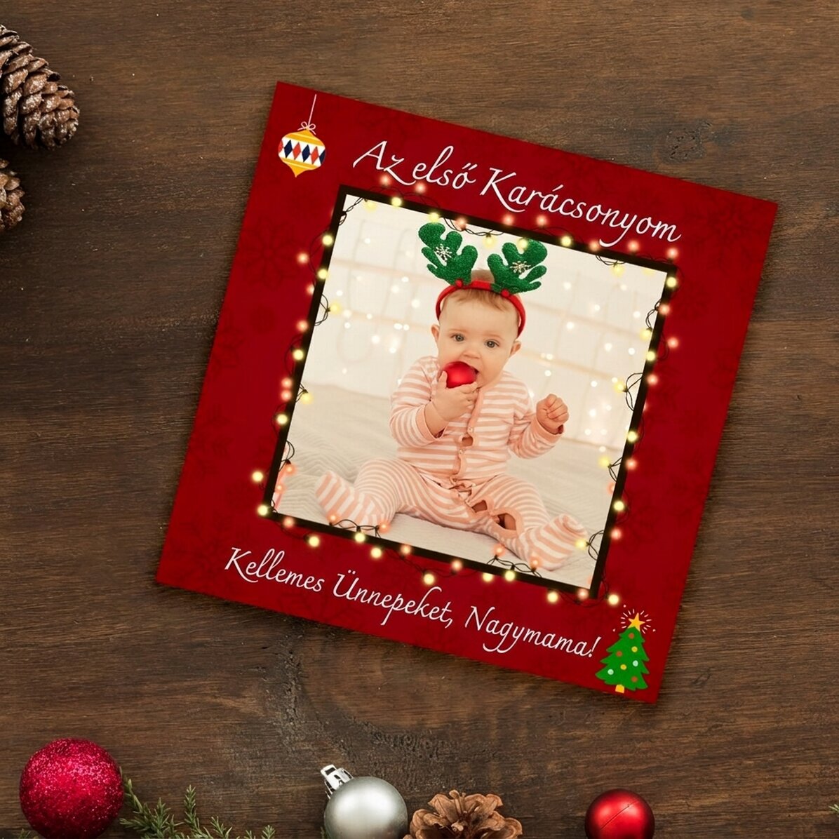 Személyre szabott 10x10-es mágnes fotóval és szöveggel – Az első karácsonyom