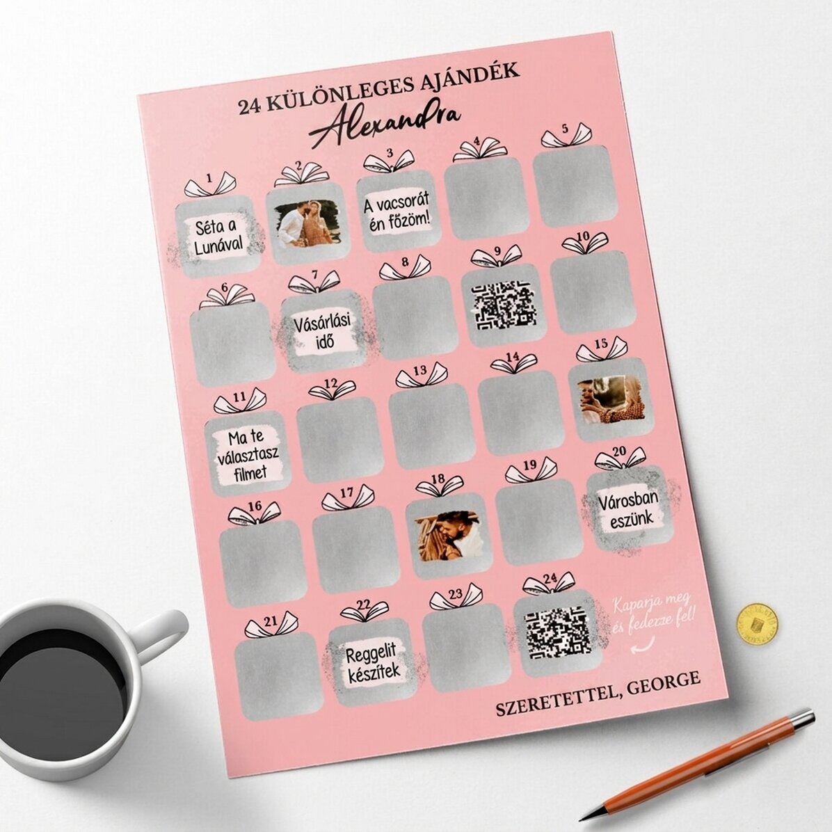Személyre szabott adventi poszter fotókkal, üzenettel és QR-kóddal