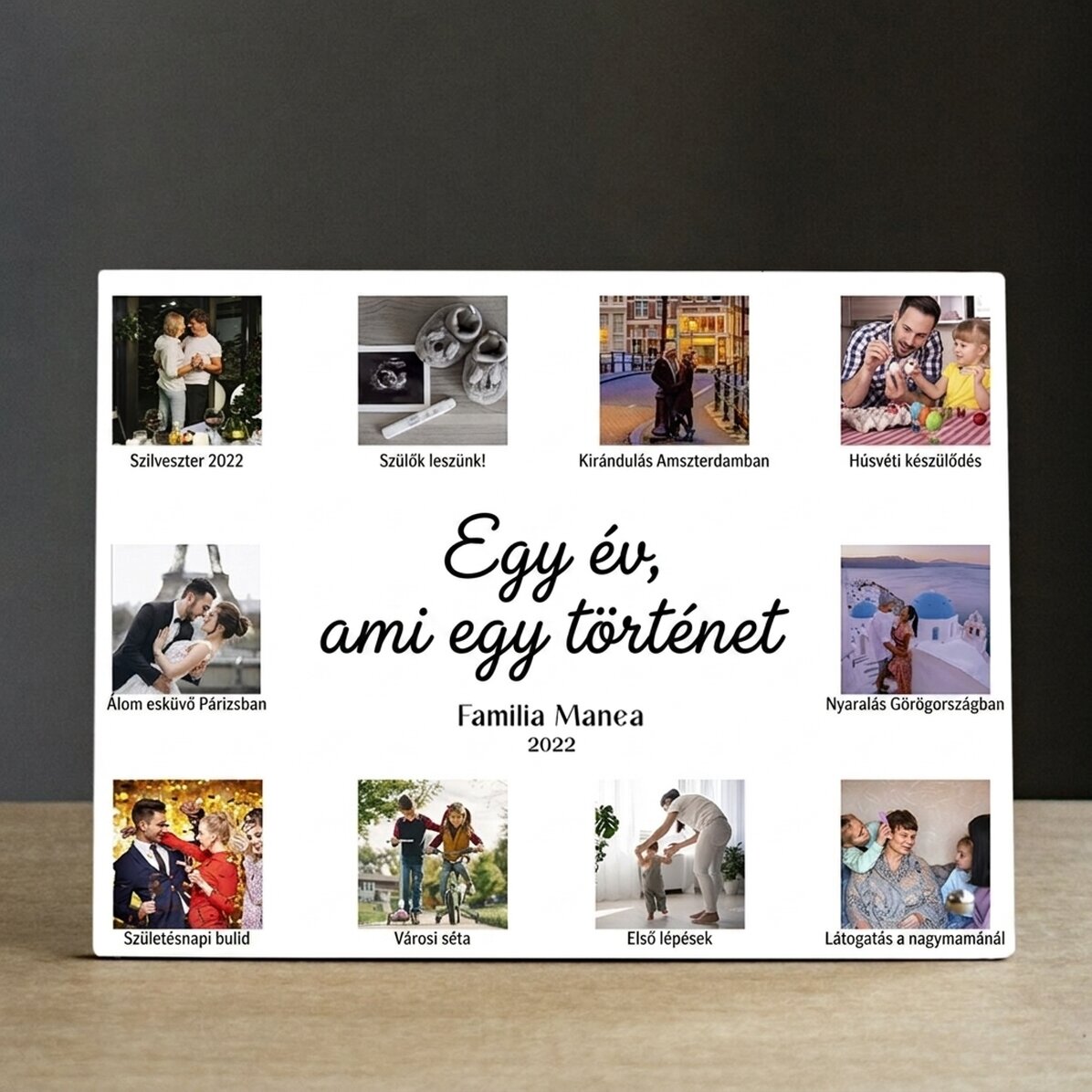 Személyre szabott asztali képkeret 10 fotóval és szöveggel – Egy év, mint egy történet