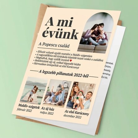 Személyre szabott kártya 4 családi fotóval és szöveggel – Az évünk képekben