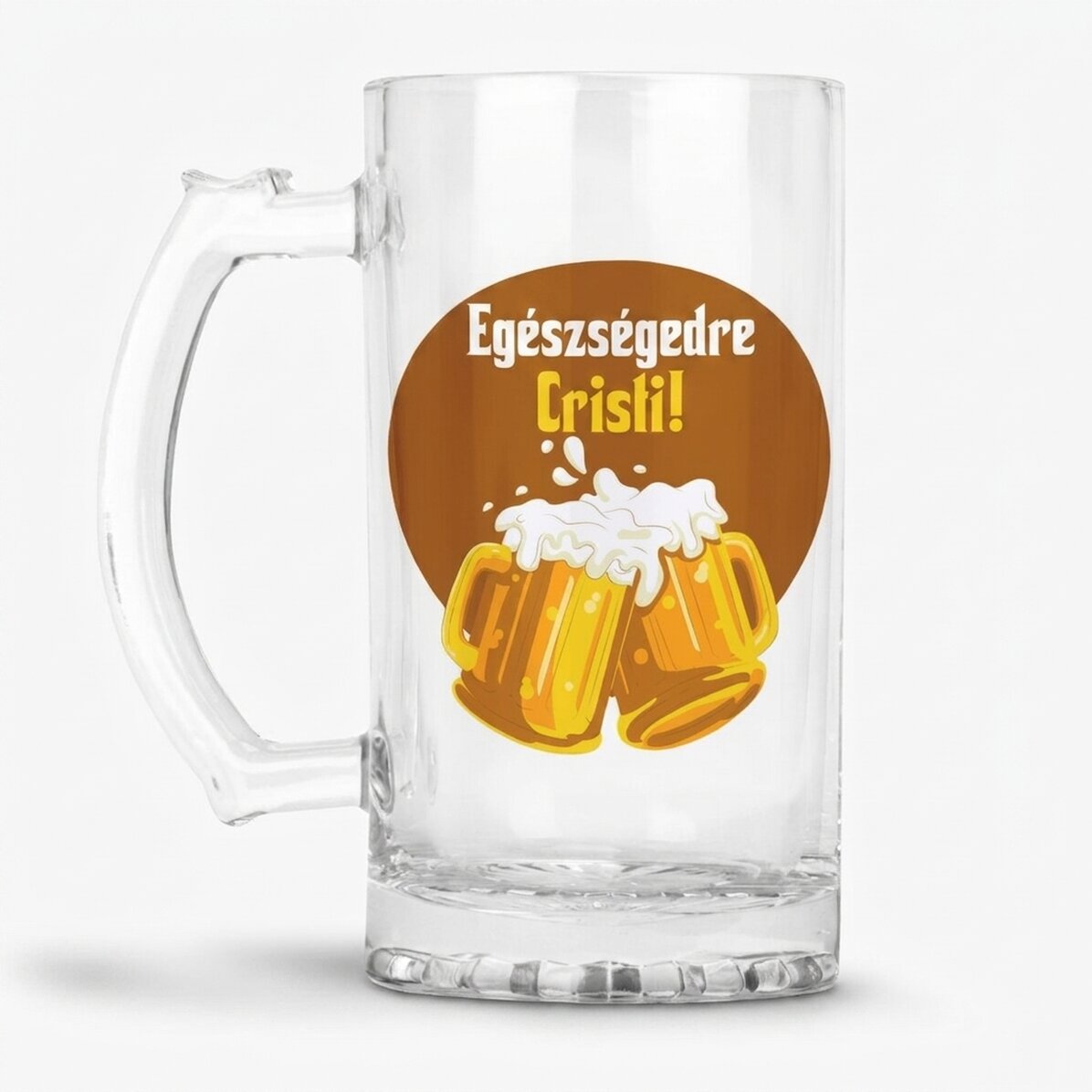 Személyre szabott söröskorsó szöveggel - Egészségünkre!