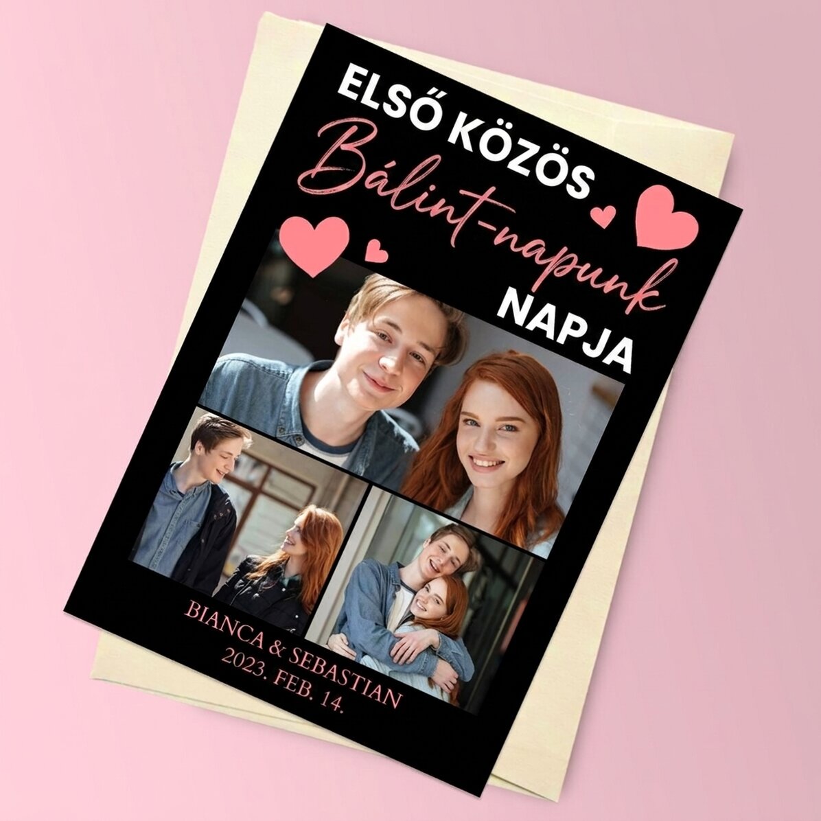 Személyre szabott mágneses üdvözlőkártya 3 fotóval és üzenettel - Valentin-nap
