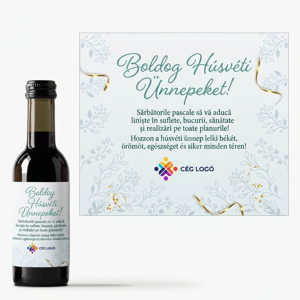 Mini borosüveg, logóval és üzenettel személyre szabva – Boldog húsvétot!
