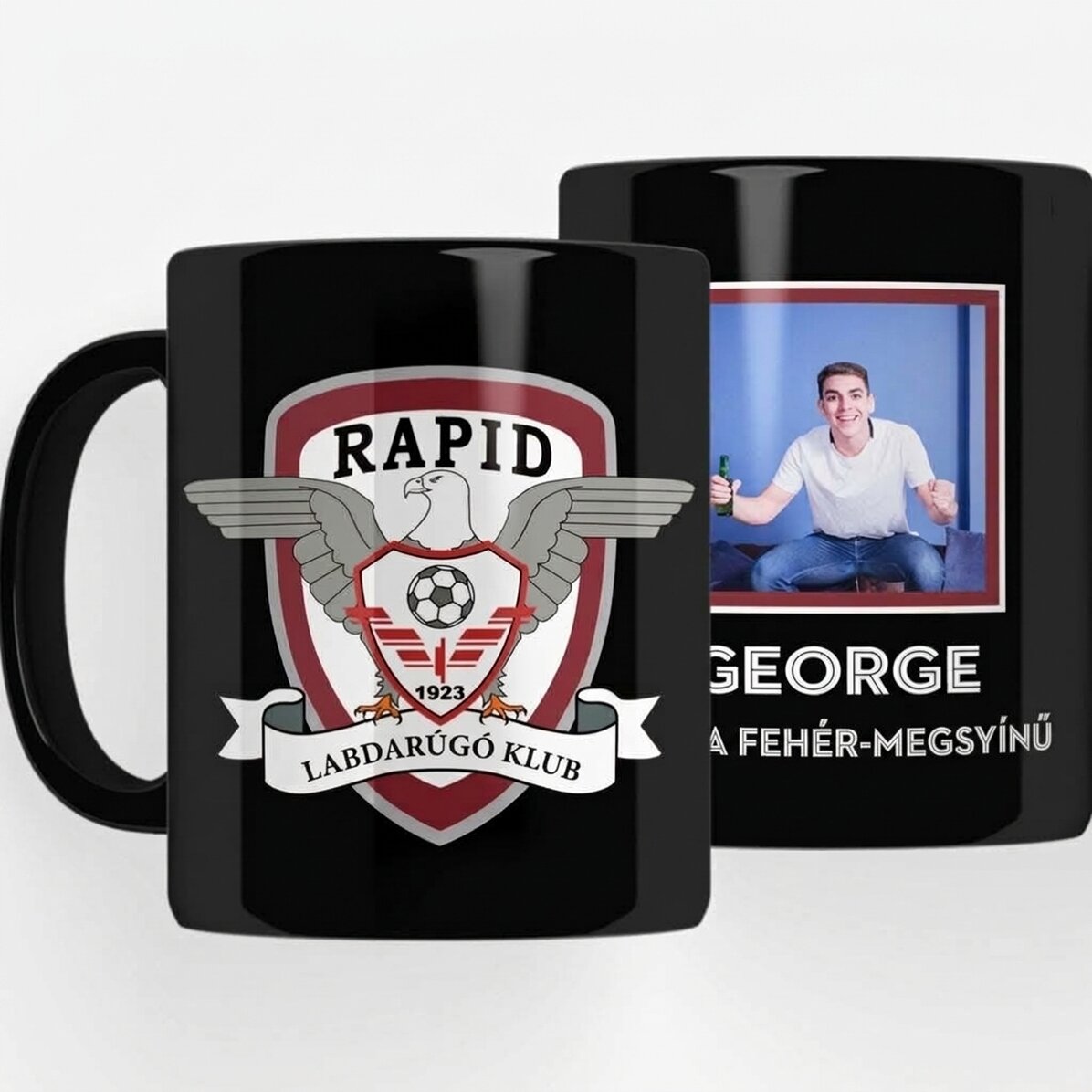 FC Rapid fekete bögre, fotóval és szöveggel személyre szabva – Fehér és lila szerelem