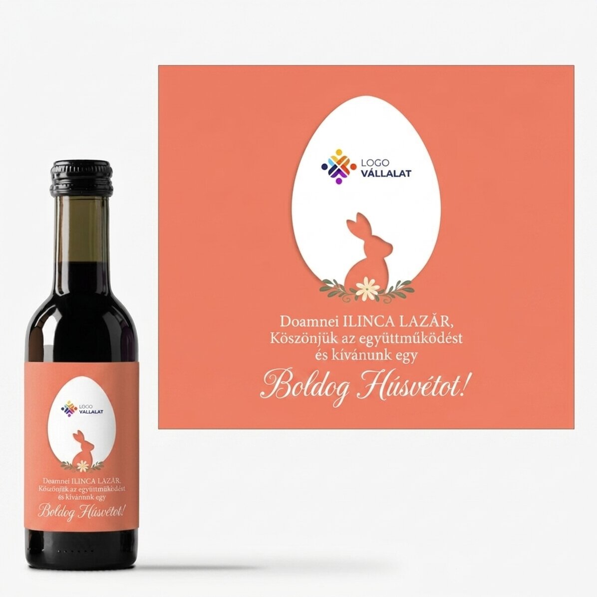 Mini borosüveg, szöveggel és logóval személyre szabva – Boldog húsvétot!