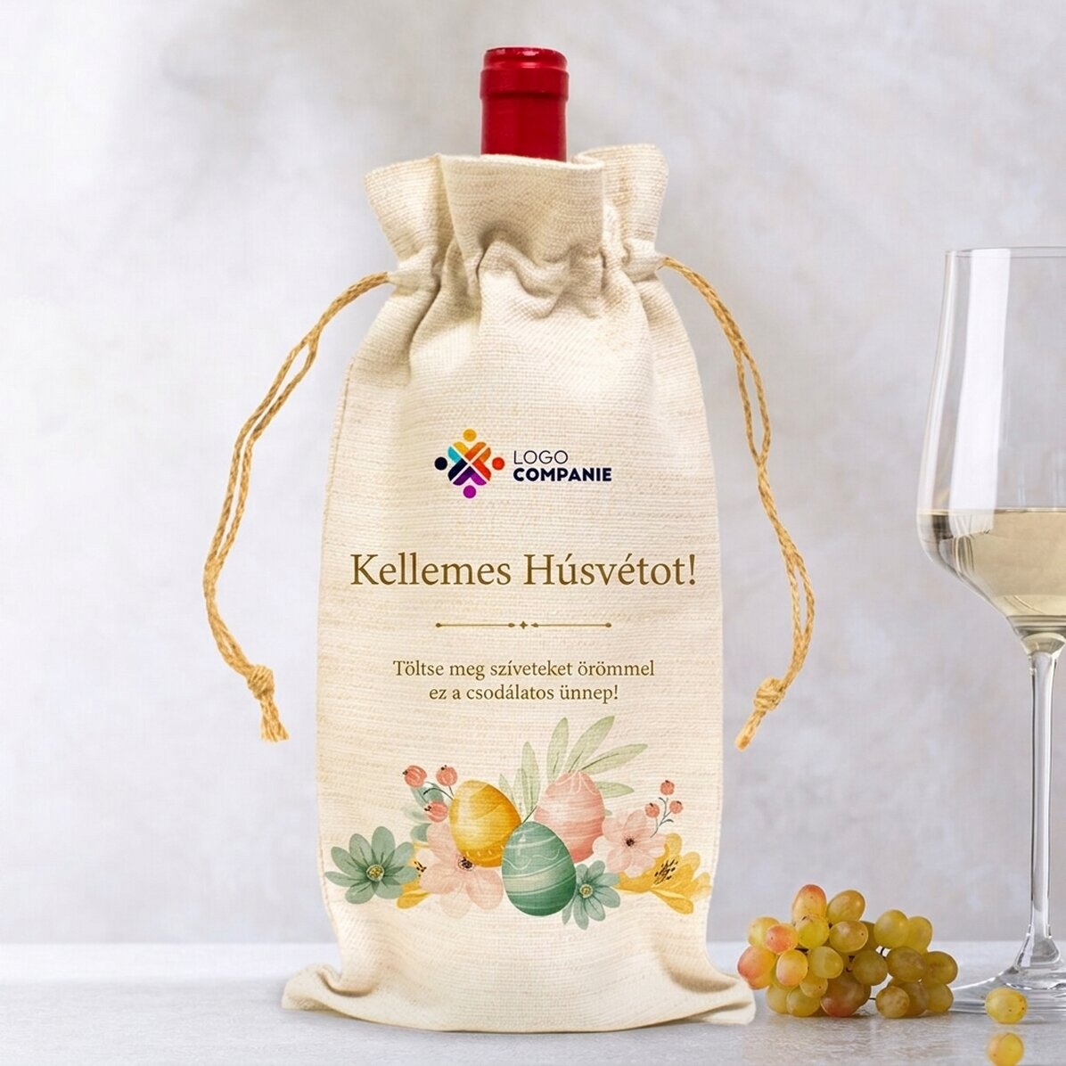 Személyre szabott borosüveg táska logóval és üzenettel - Boldog húsvétot!