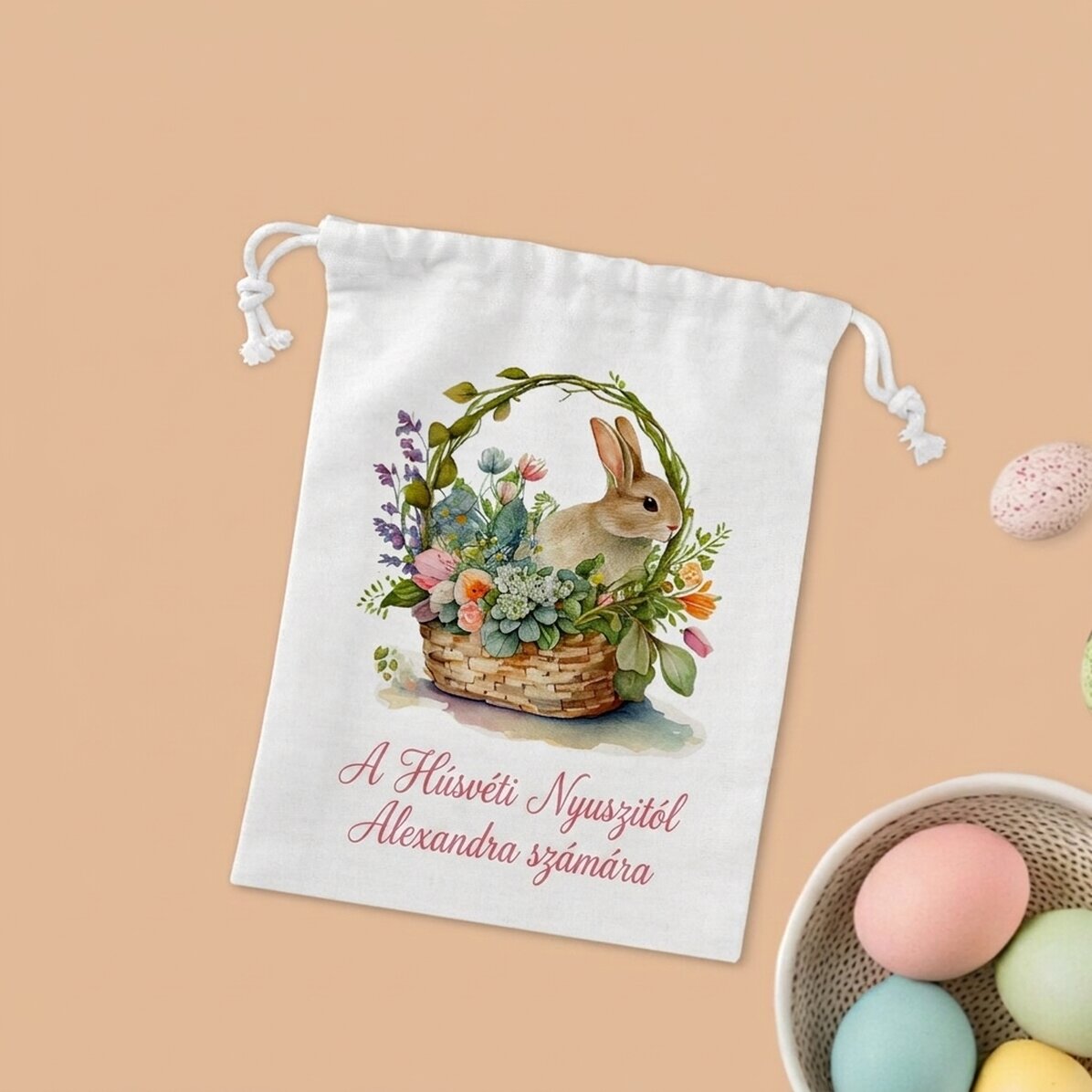 Kis ajándékzsák, személyre szabott szöveggel - Nyuszi