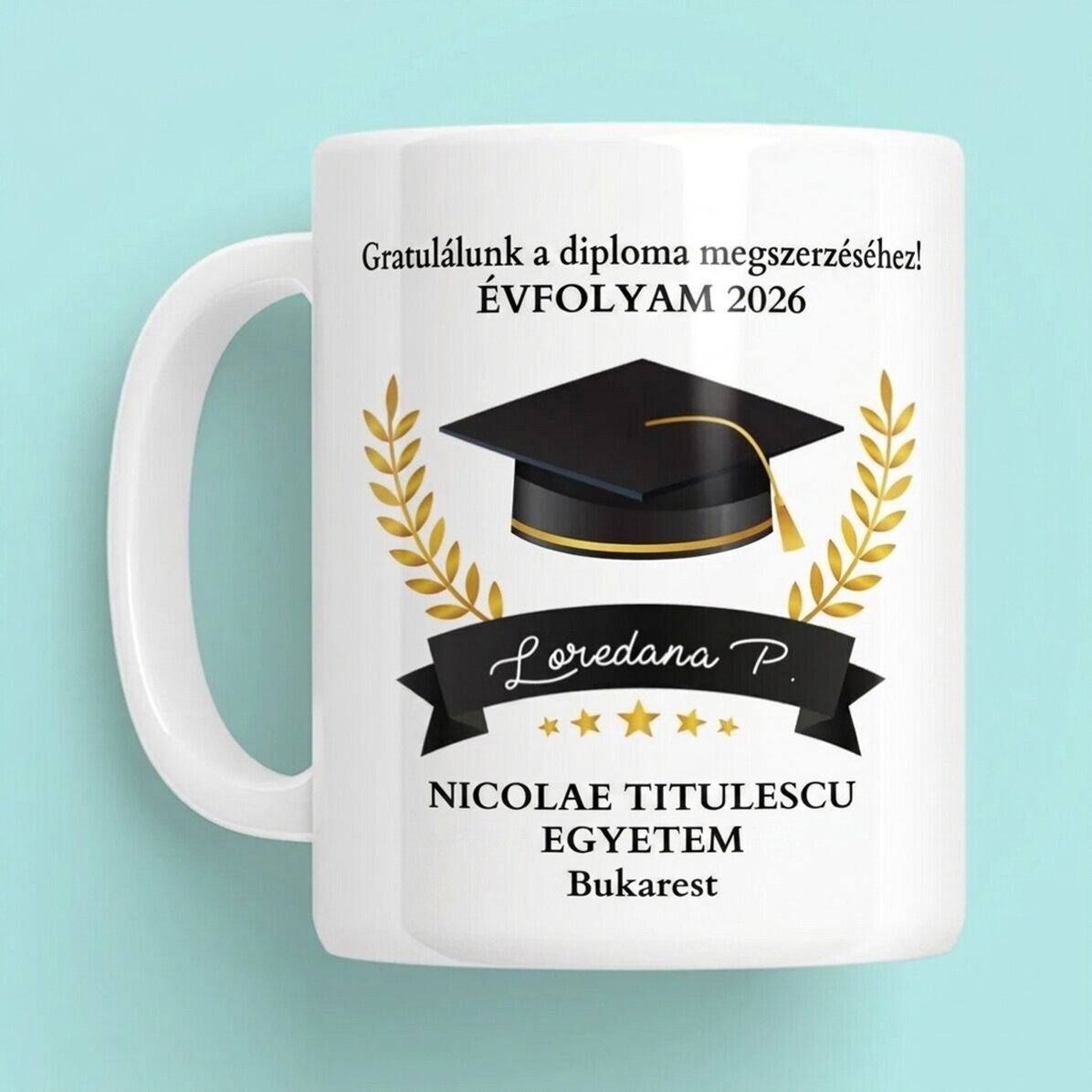 Személyre szabott bögre szöveggel - Gratulálunk az érettségihez!