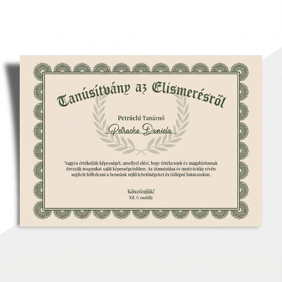 Személyre szabott szövegű oklevél – Elismerő oklevél