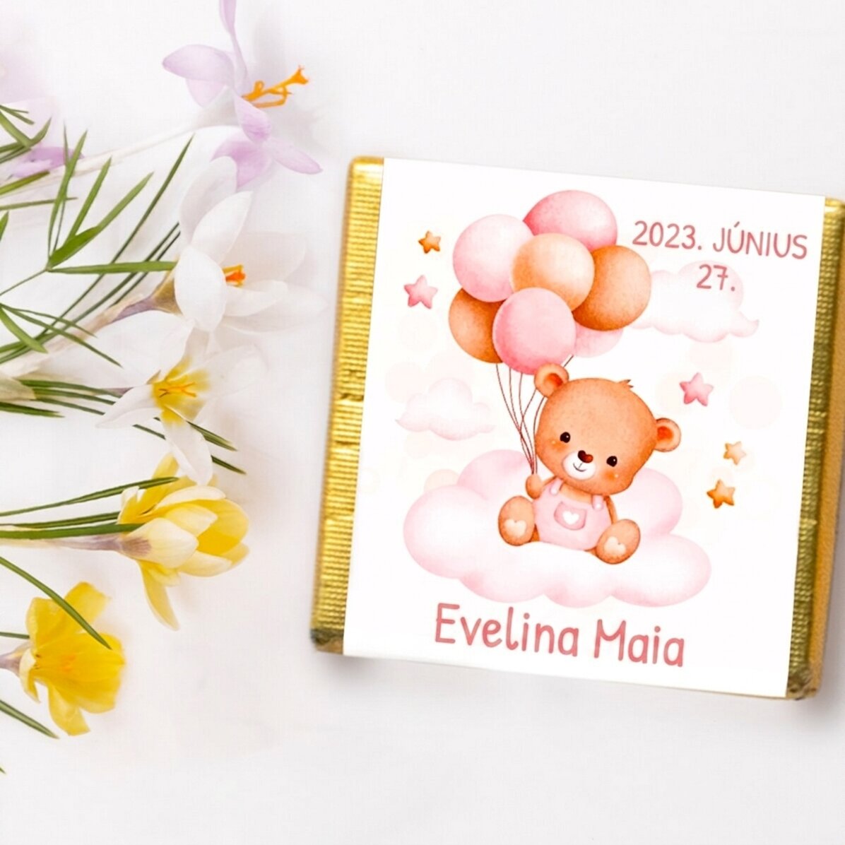 Személyre szabott mini csokoládé keresztelő ajándék szöveggel - Teddy mackók