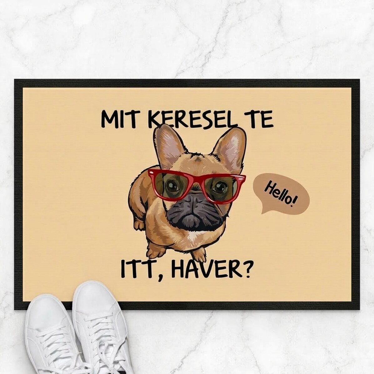 Személyre szabott bejárati szőnyeg szöveggel - Vicces kutya