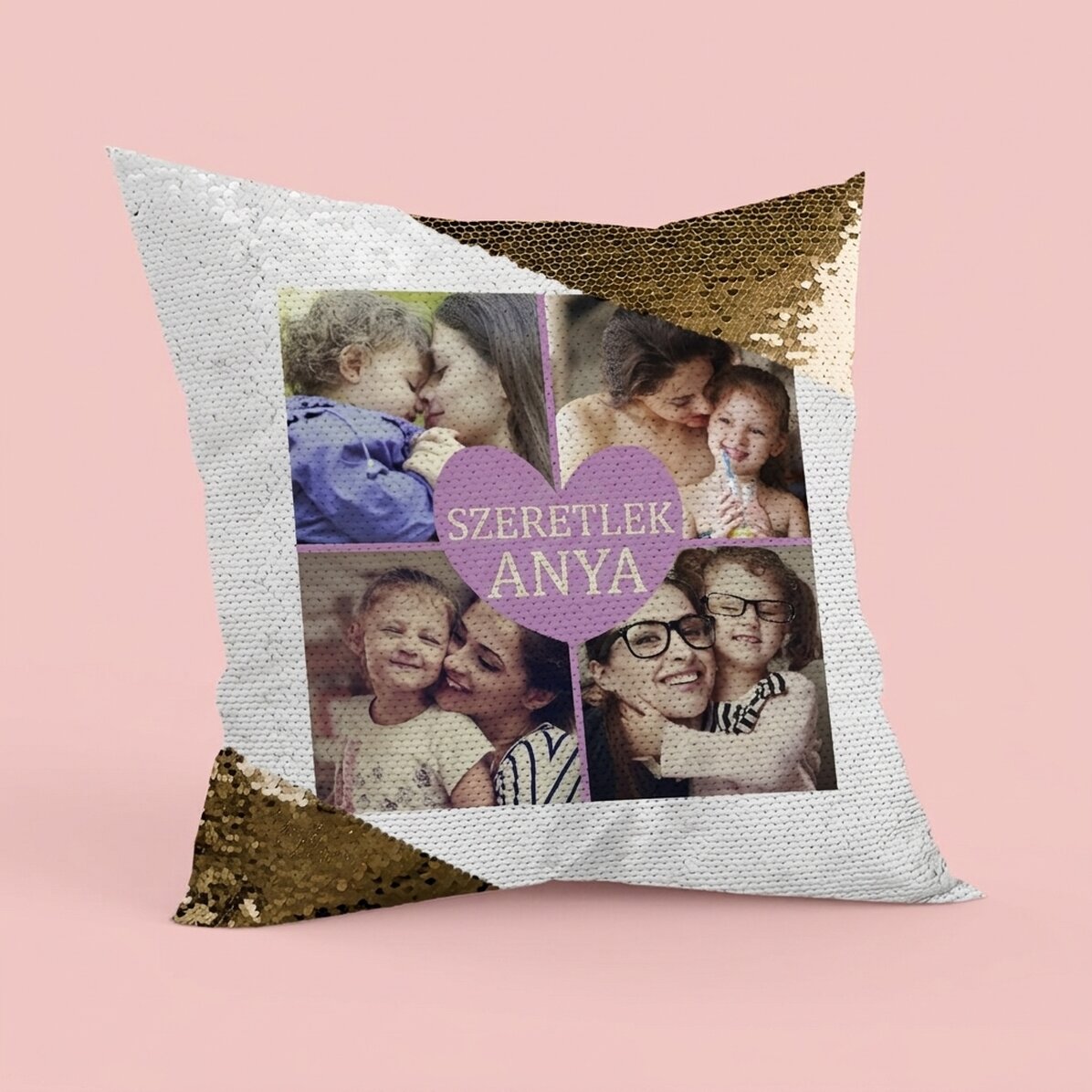 Személyre szabott párna 4 fotóval és szöveggel - Arany flitterek