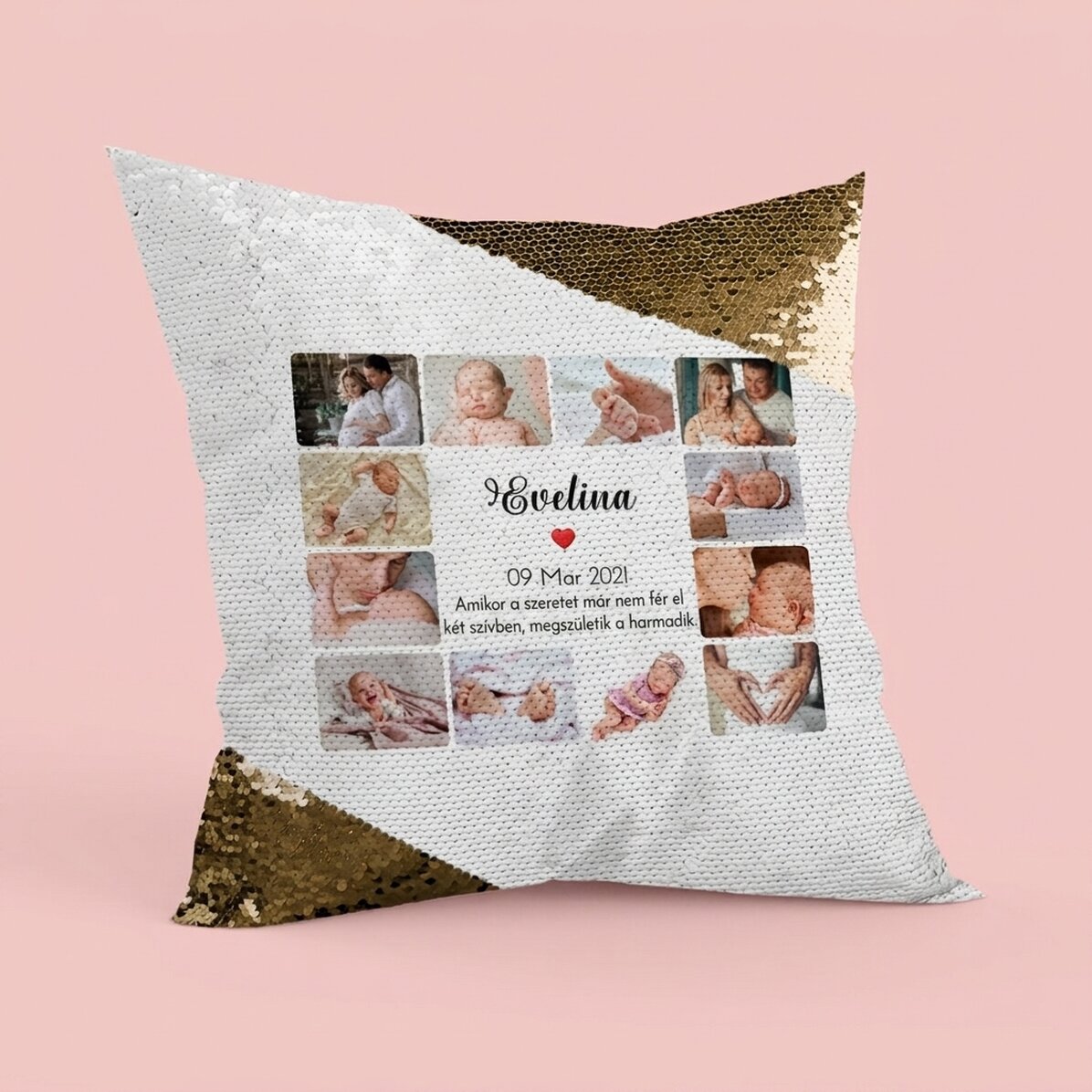 Személyre szabott párna 12 fotóval és szöveggel – Baby Gold flitterek