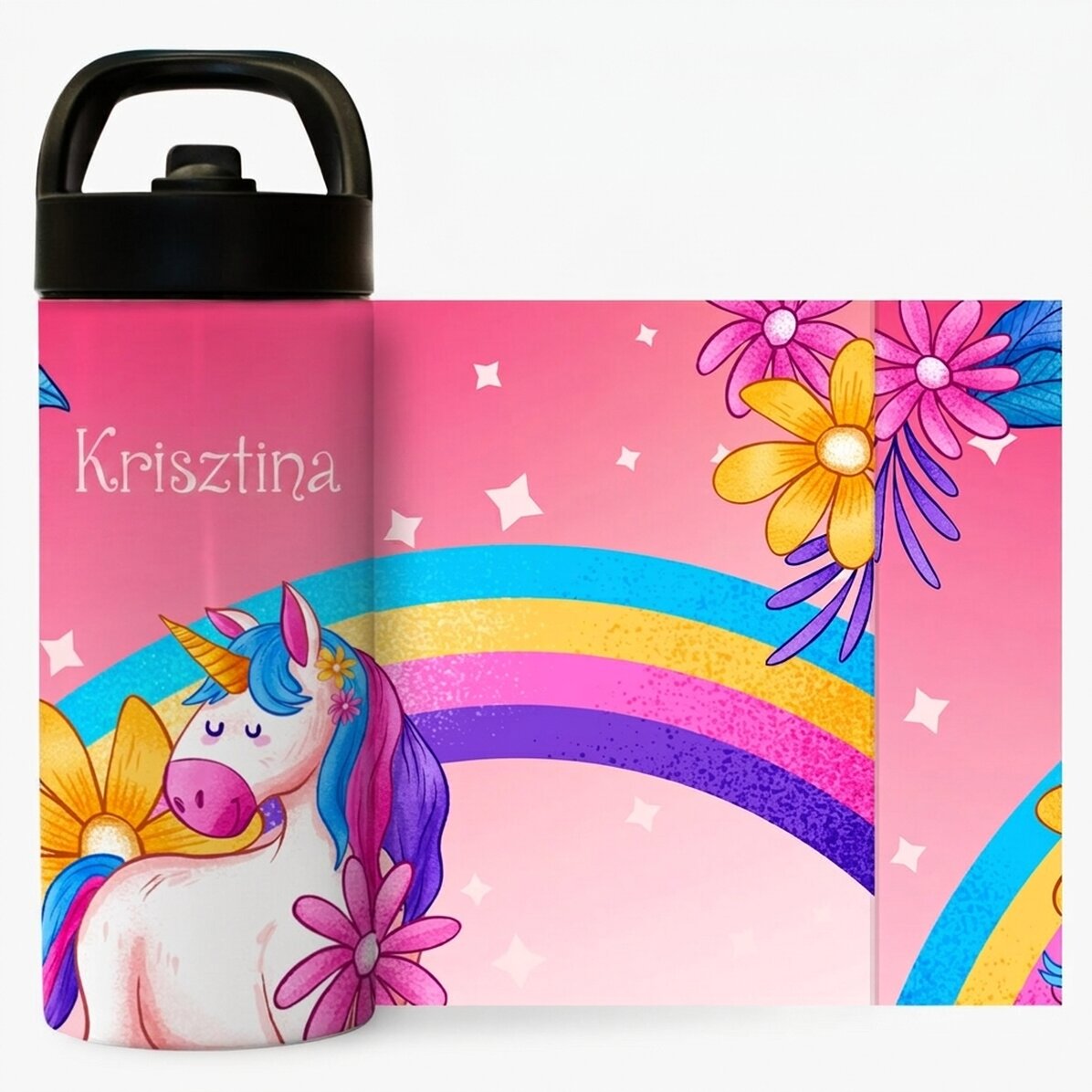 Fogantyúval és szalmával ellátott, névvel személyre szabott termosz gyerekeknek – Unicorn