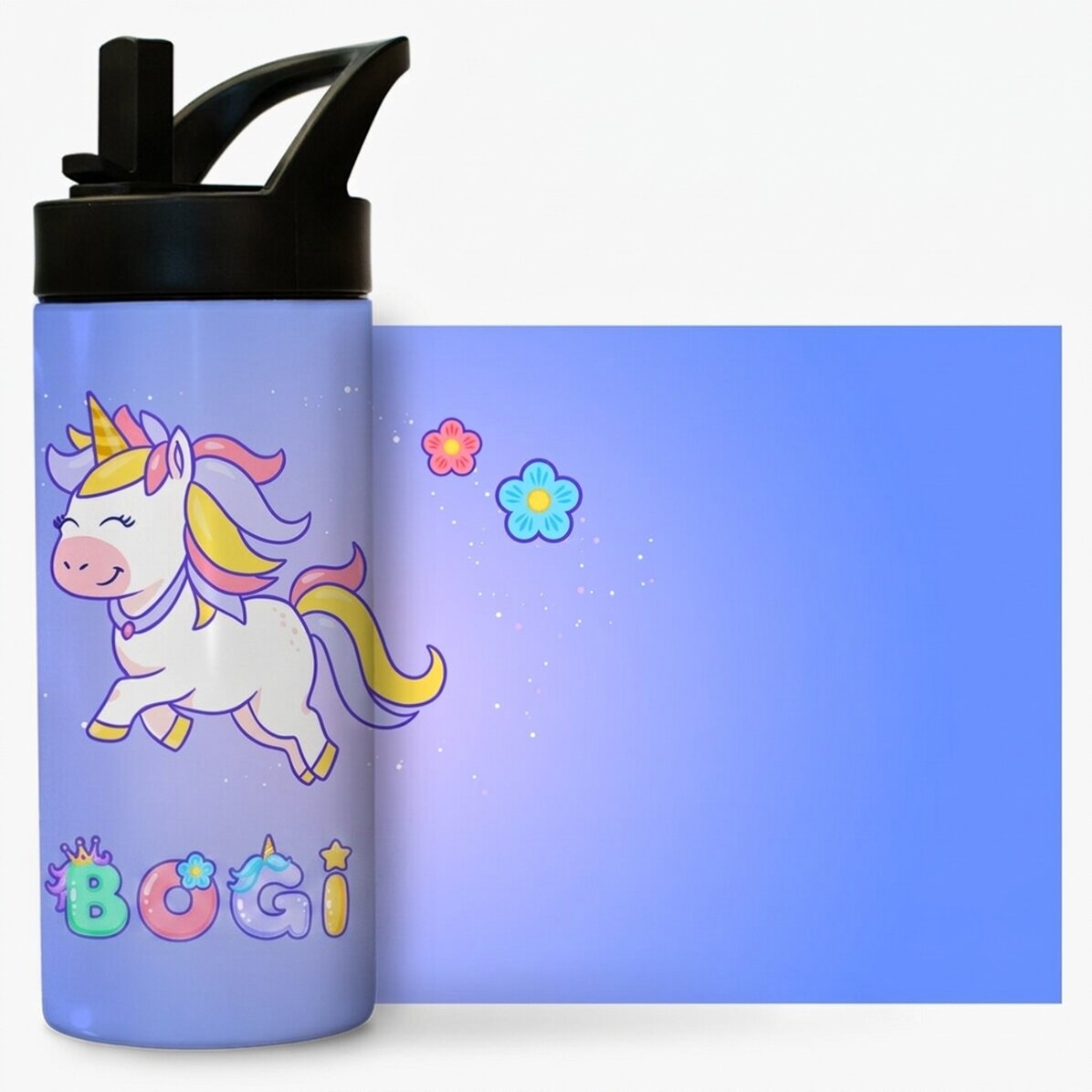 Névvel személyre szabott hordozható termosz fogantyúval és szívószállal - Unicorn