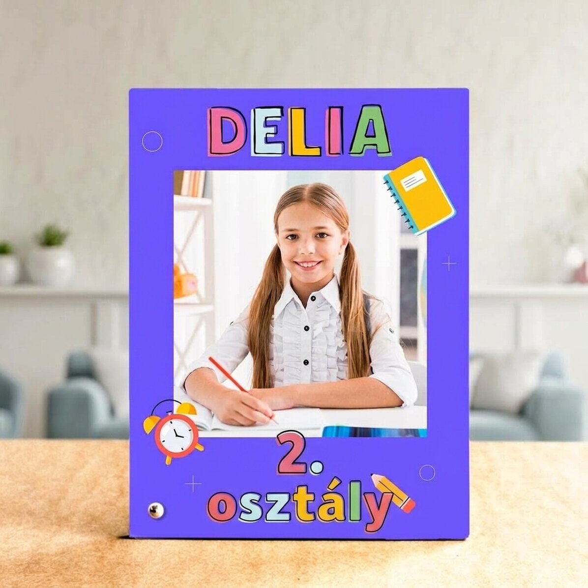 Személyre szabott asztali képkeret fotóval és szöveggel – Az első nap az iskolában