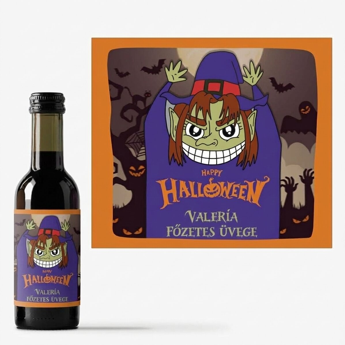 Mini borosüveg, szöveggel személyre szabva – Boldog Halloweent, boszorkány!