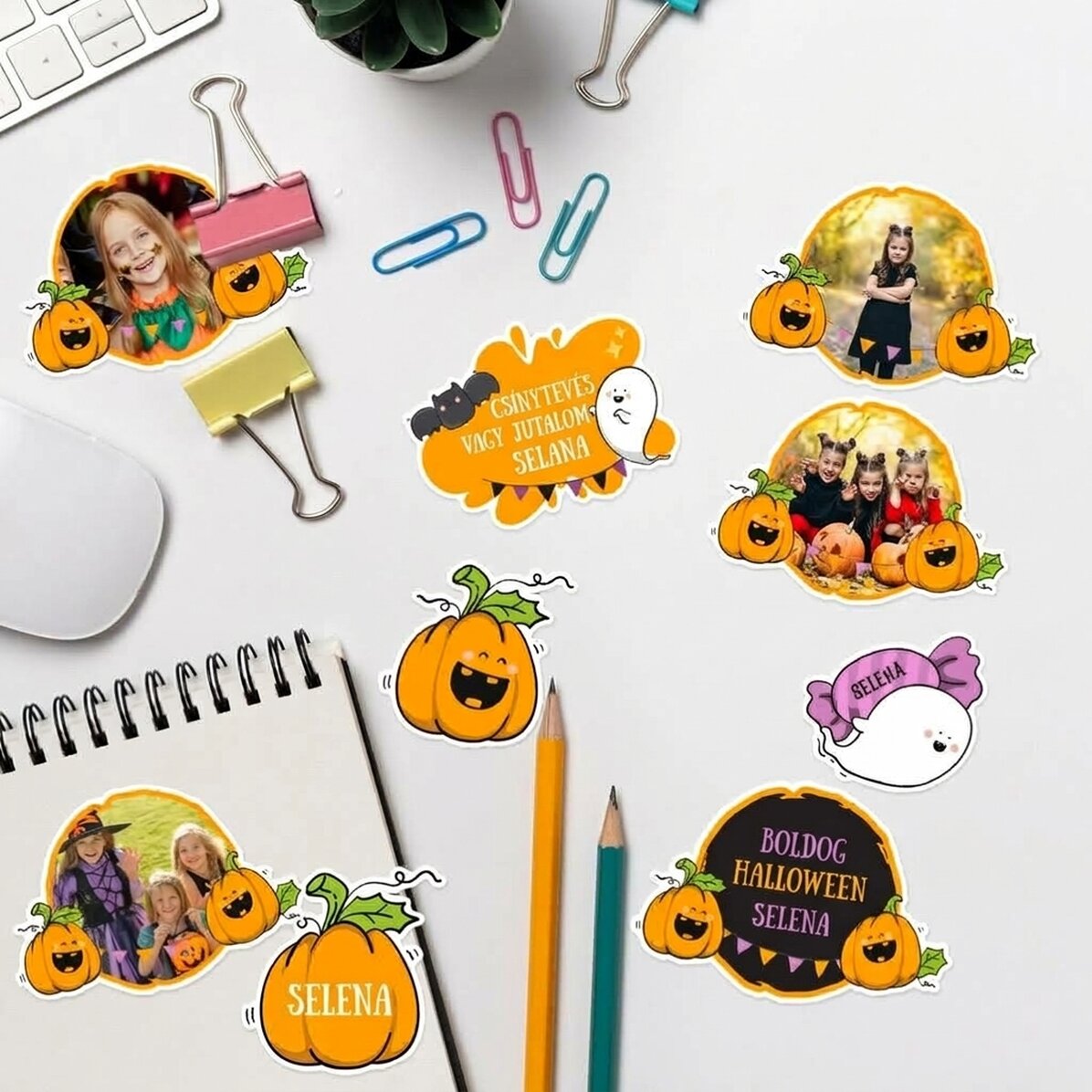 Egyedi matricák (önragasztó címkék) készlete képekkel és szöveggel - Halloween-tökök