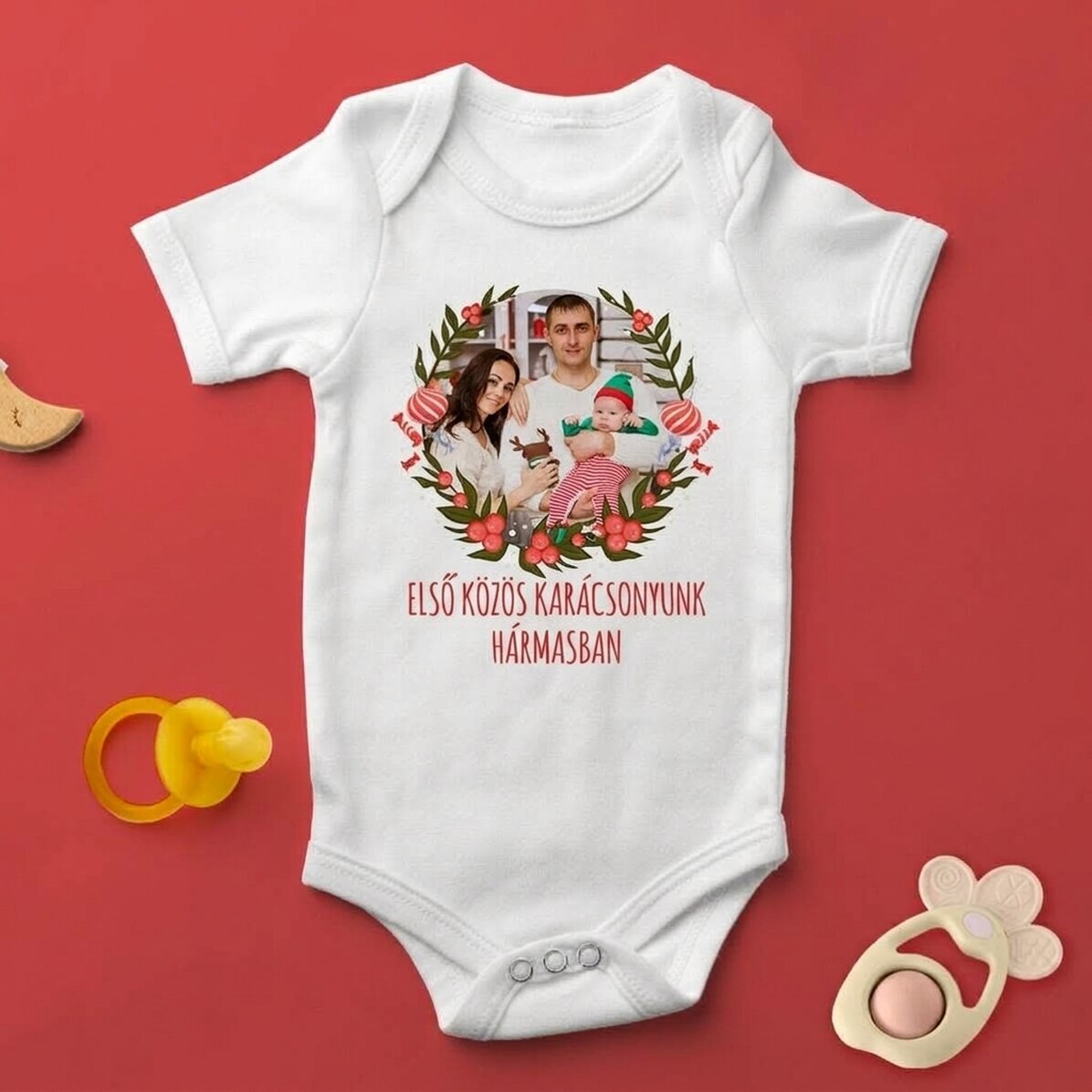 Személyre szabott babaruha fotóval és szöveggel – Első karácsony