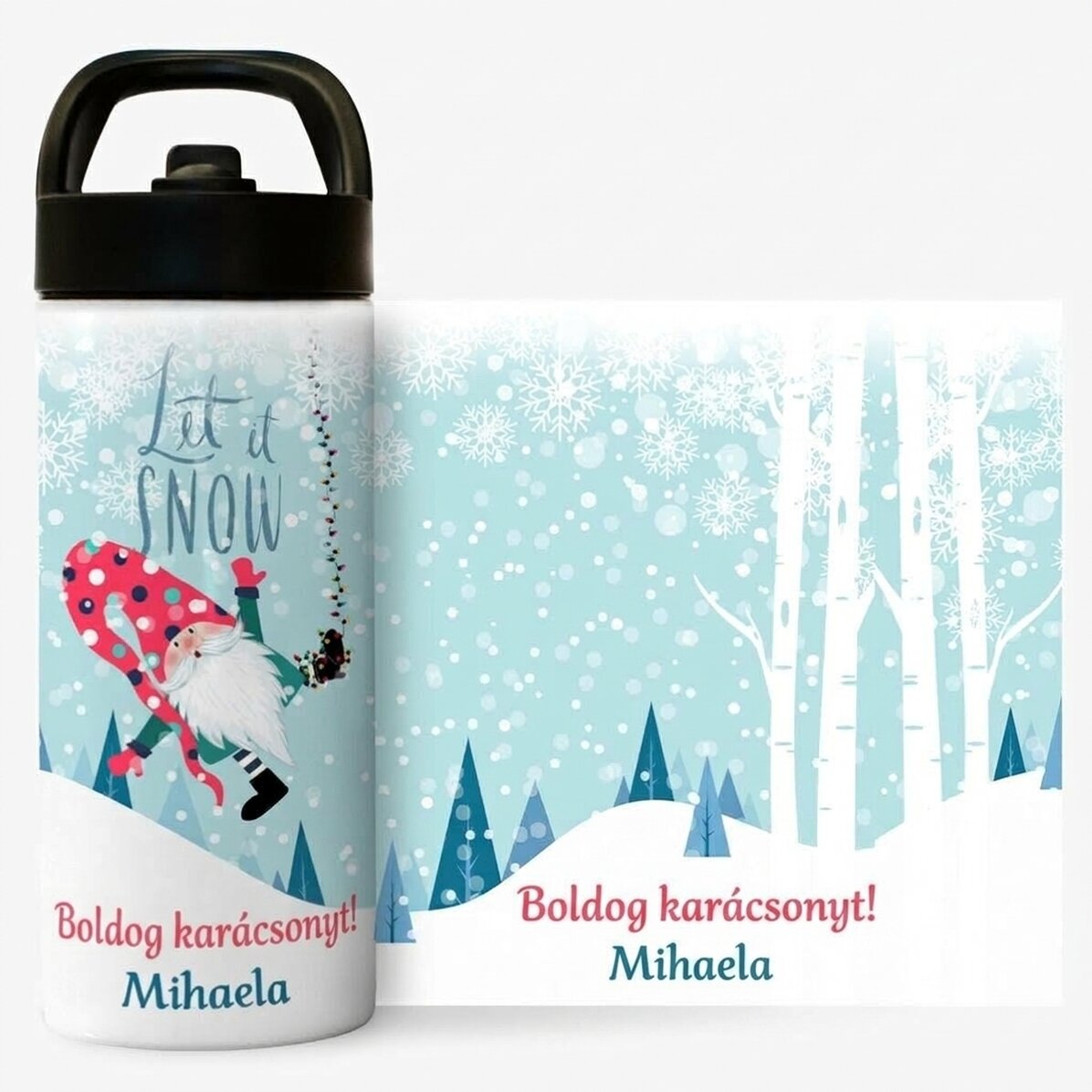 Fogantyúval és szívószállal ellátott, szöveggel személyre szabott termosz - Let it snow