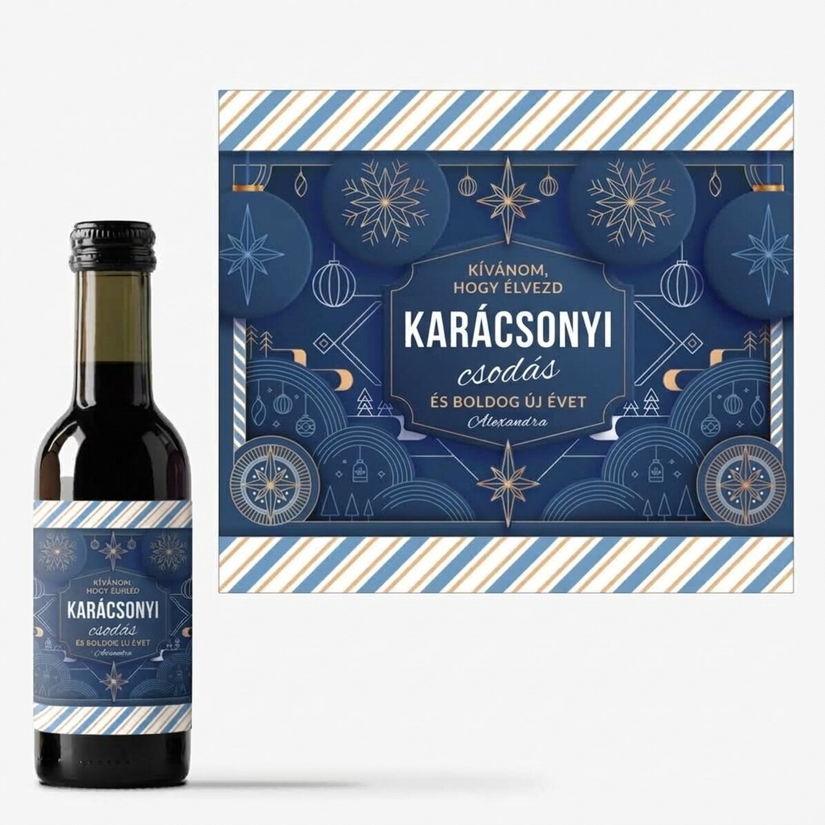 Mini borosüveg, szöveggel személyre szabva – Kék karácsony