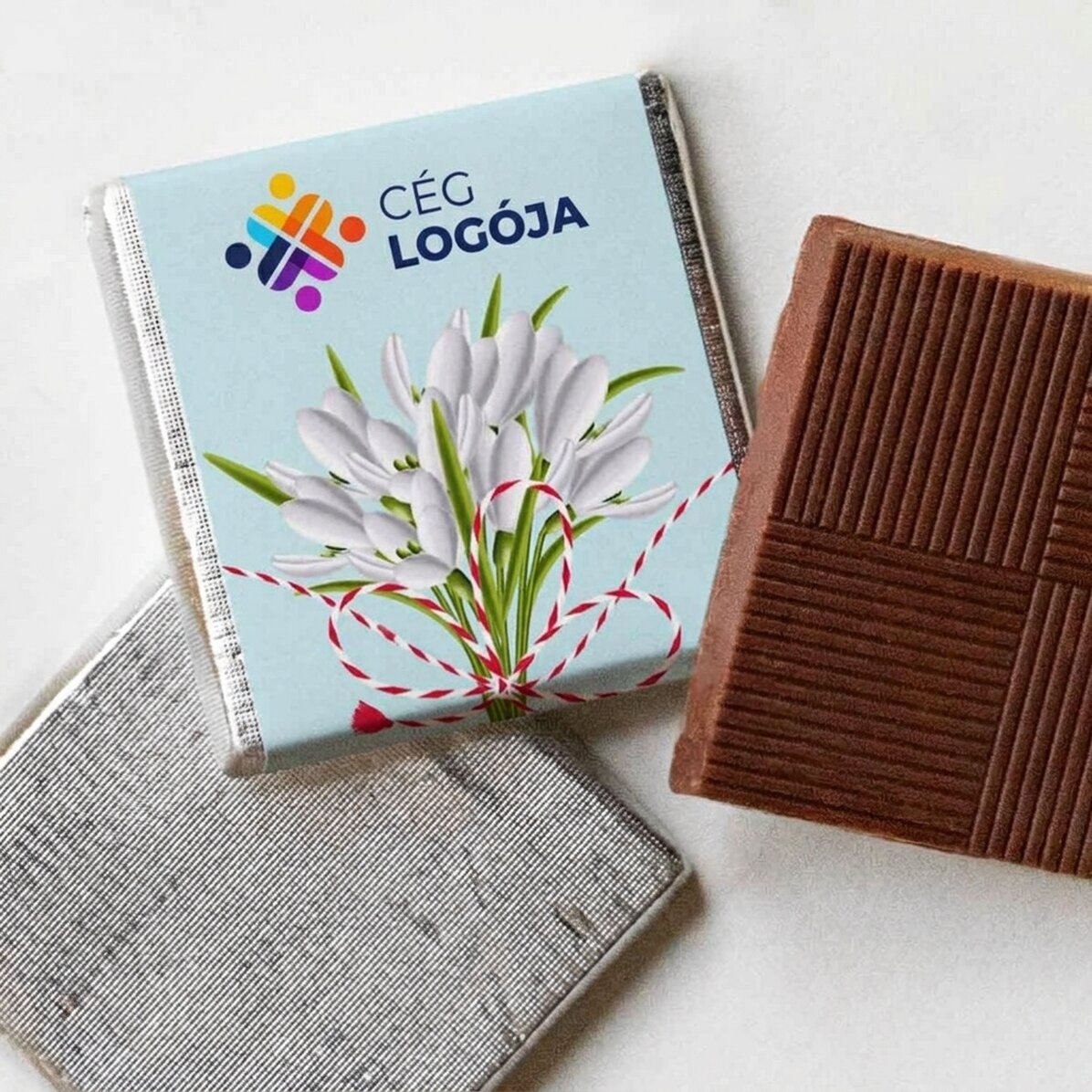 Mini csokoládé, logóval és szöveggel személyre szabva – Hóvirágok