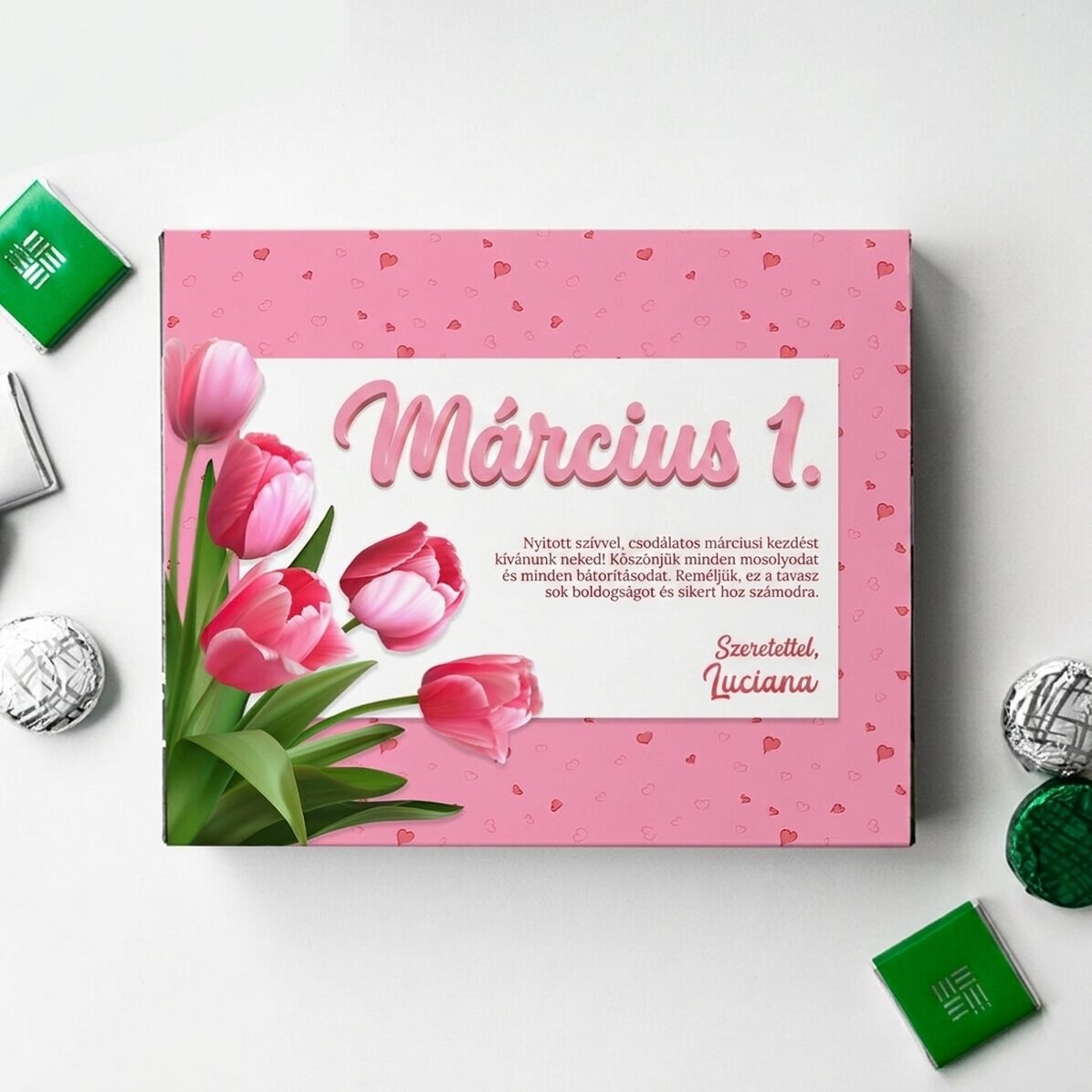 Személyre szabott cukorkás doboz szöveggel - Rózsaszín tulipánok