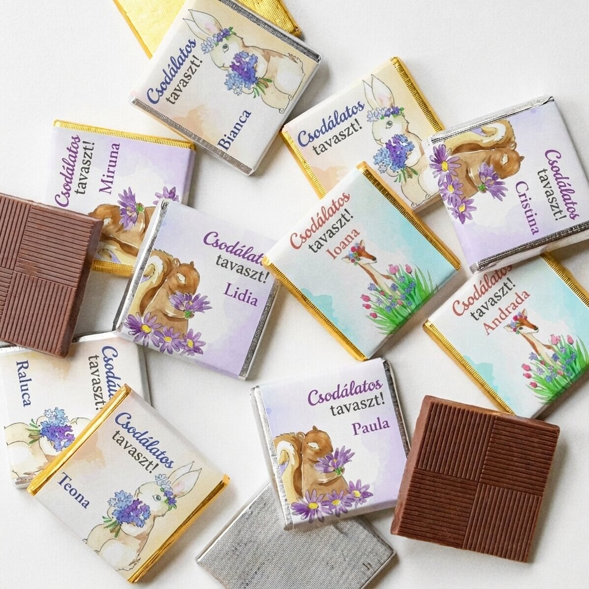 10 darabos mini tavaszi csokoládé szett, személyre szabott felirattal – Akvarell tavasz