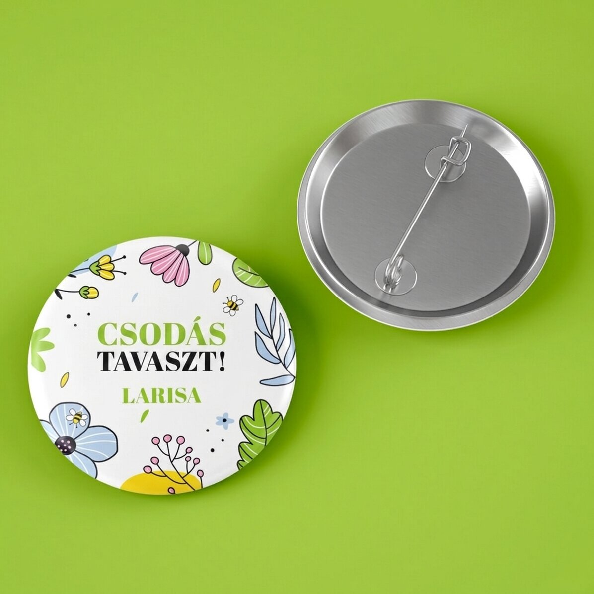 Személyre szabott kitűző szöveggel - Doodle tavasz