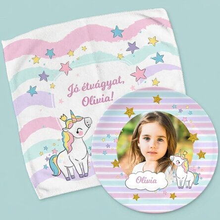 Személyre szabott szett – tányér és törülköző – Unicorn