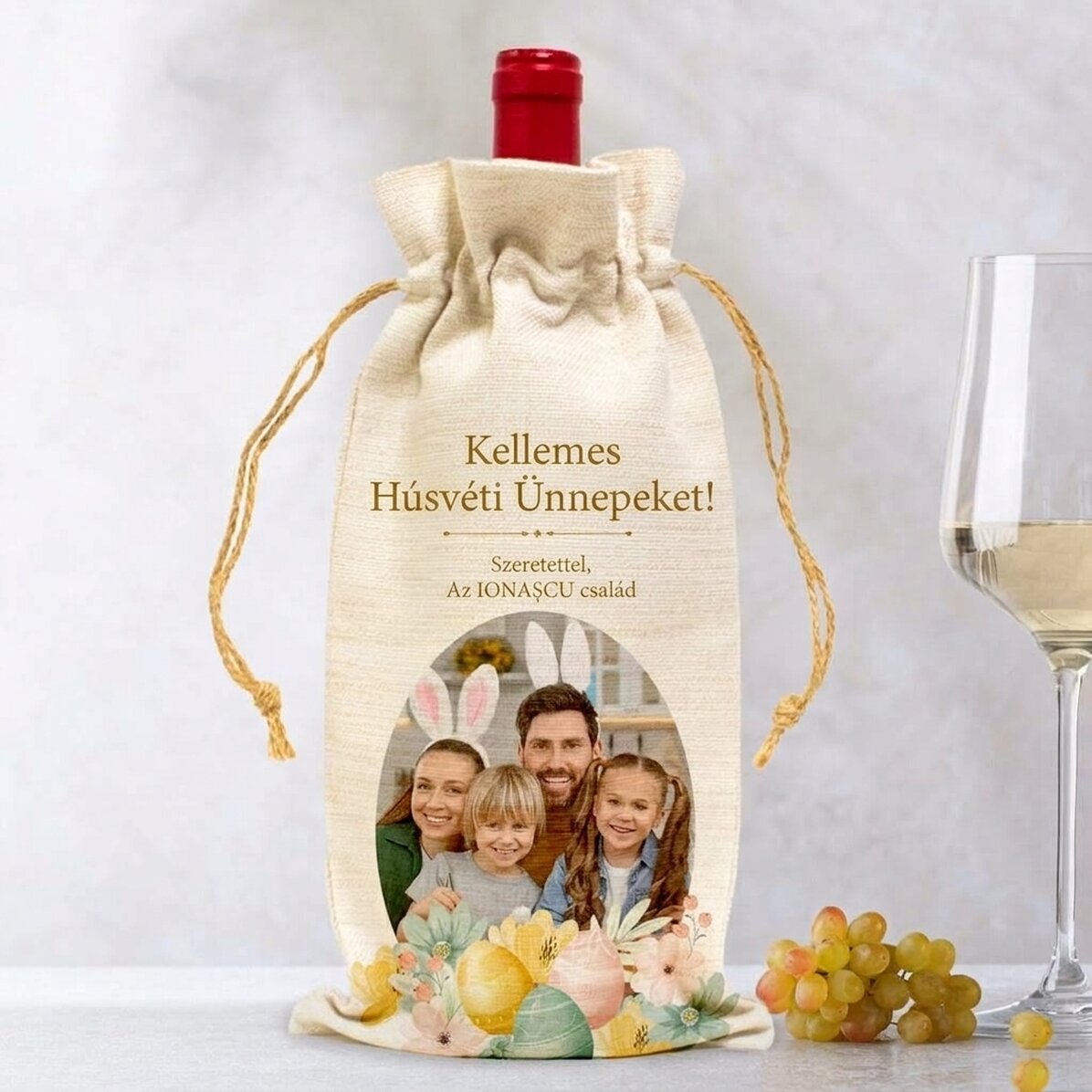 Személyre szabott táska fotóval és üzenettel egy üveg borhoz - Húsvéti nyuszi
