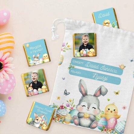 Személyre szabott szett – táska és 5 mini csokoládé – A húsvéti nyuszitól