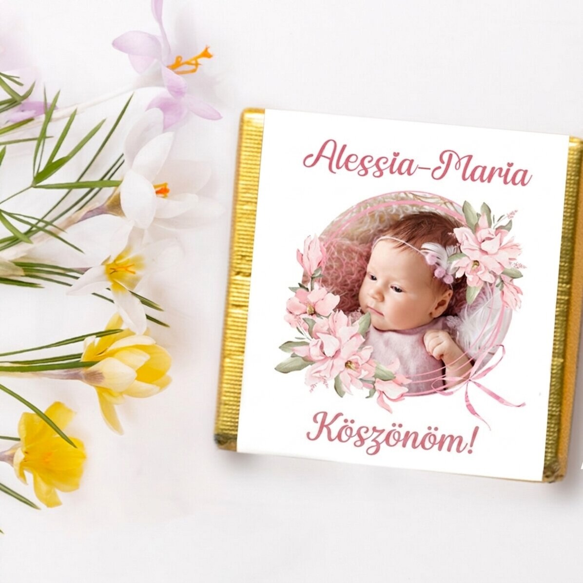 Személyre szabott mini csokoládé keresztelő ajándék fotóval és szöveggel - Rózsaszín