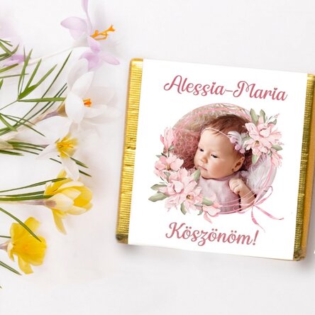 Személyre szabott mini csokoládé keresztelő ajándék fotóval és szöveggel - Rózsaszín